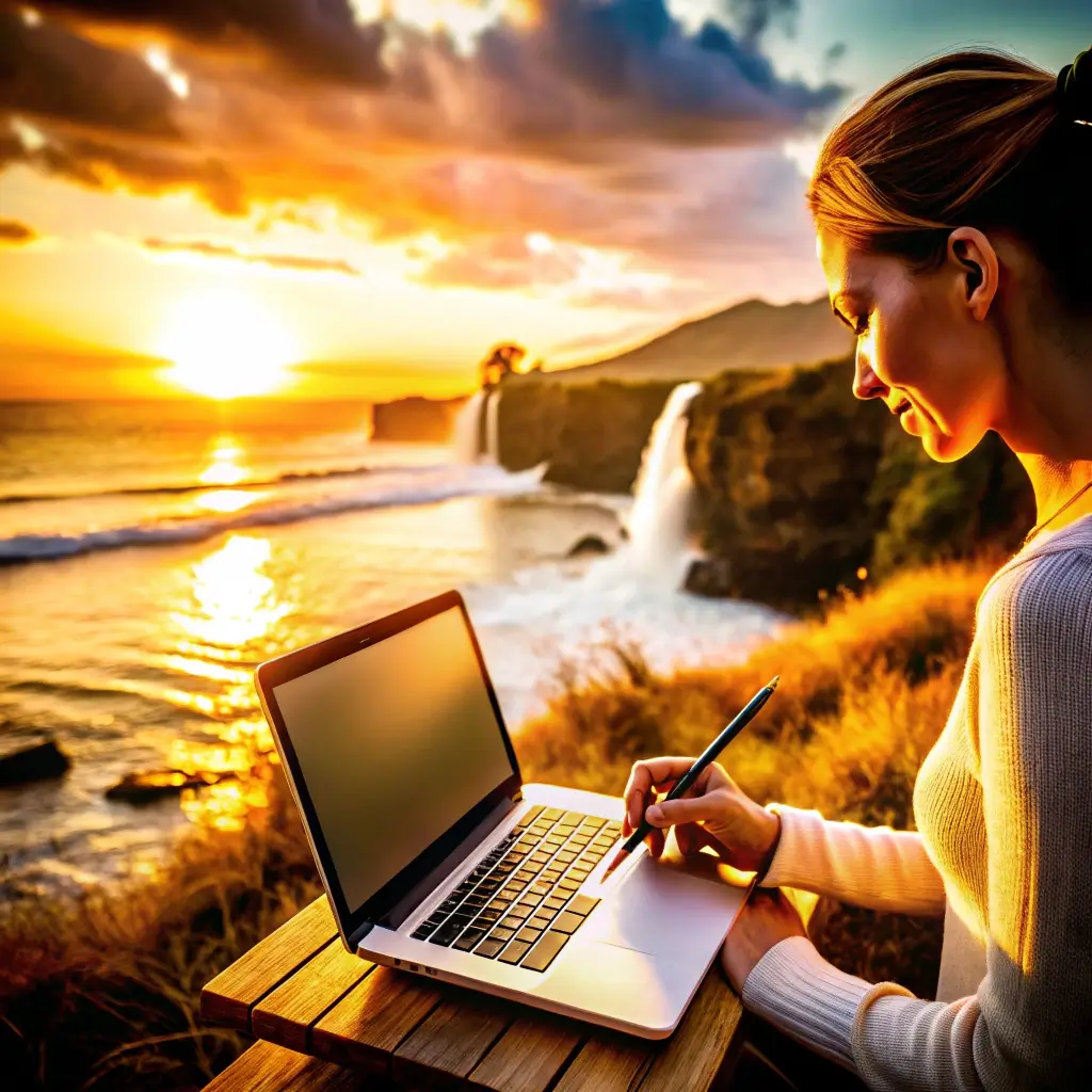 A woman with a laptop shares her photos against a backdrop of sunset and sea cliffs